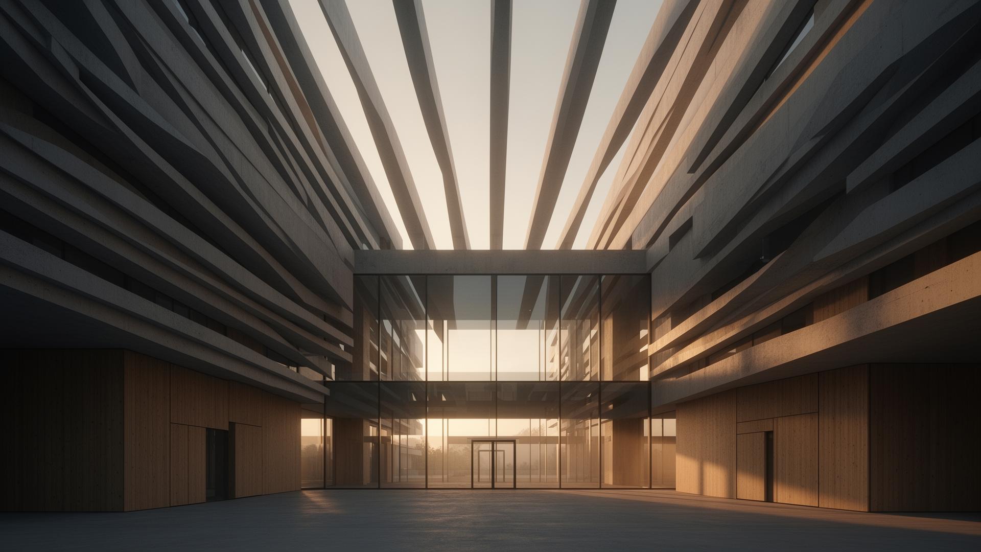 High-performance architectural facade with brise-soleil shading at golden hour